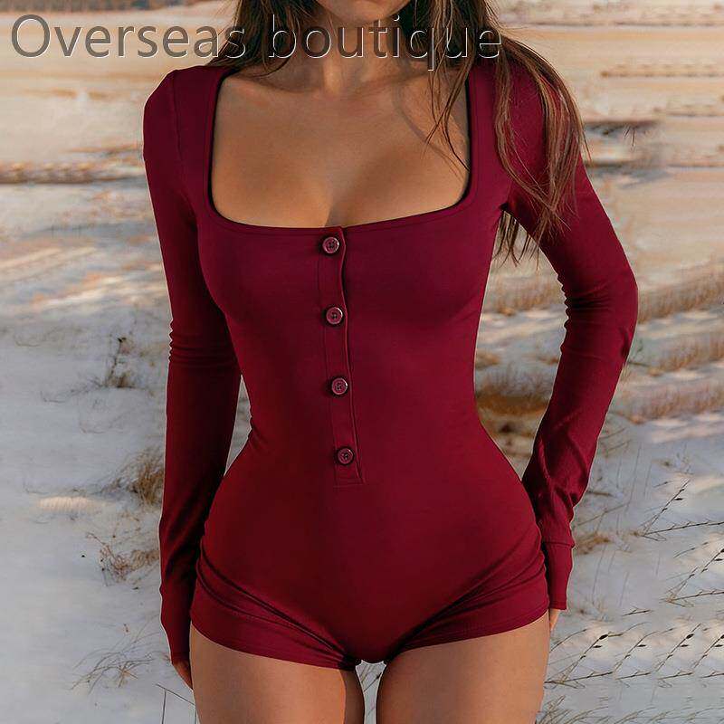 方领纽扣连体裤紧身连身裤辣妹