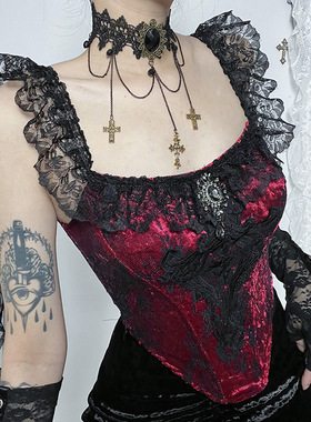 Tank Top Slim Fit Lace Top束腰拼接吊带背心暗黑修身蕾丝上衣女