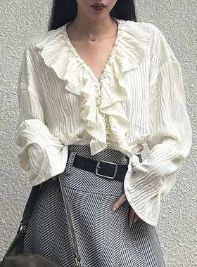 【LAMBO】复古乱波浪纹百褶丝绒 巴洛克宫廷风荷叶边收腰V领衬衫