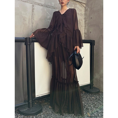 浪漫复古荷叶波浪衫+超长裙套装