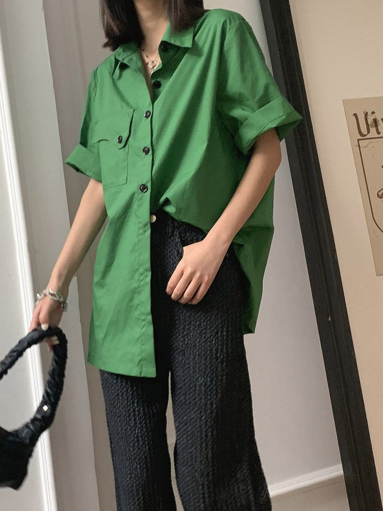 【LAMBO 特】boyfriend帅气 异形口袋 廓形短袖香芋紫色绿色衬衫