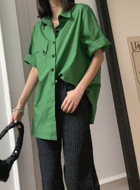 【LAMBO 特】boyfriend帅气 异形口袋 廓形短袖香芋紫色绿色衬衫