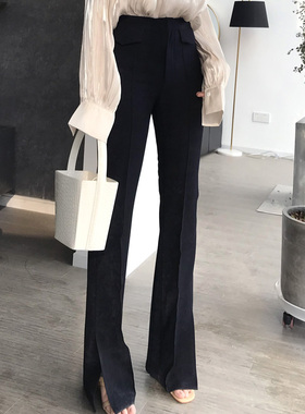 【LAMBO独家@特】腿长3米！黑色弹力 暗纹 高腰微喇叭开叉长裤