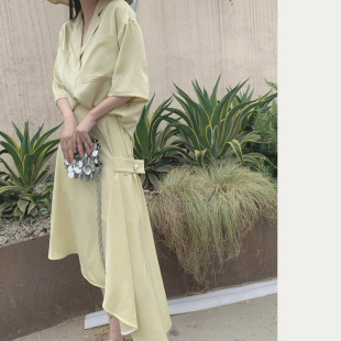 衬衫 复古廓形短袖 不规则斜裙摆波浪半身长裙套装 LAMBO@特