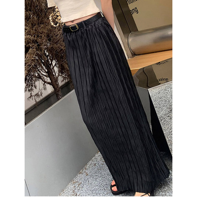 不规则波浪百褶开叉直筒长裙黑色