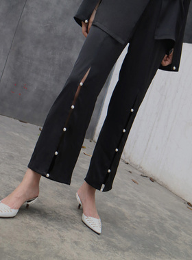 【LAMBO独家@特】开叉手工珍珠 小露肌阔腿西裤