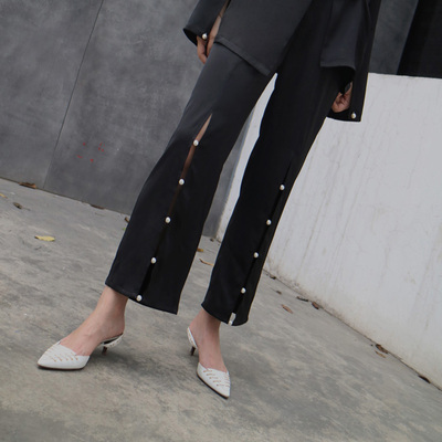 【LAMBO独家@特】开叉手工珍珠 小露肌阔腿西裤