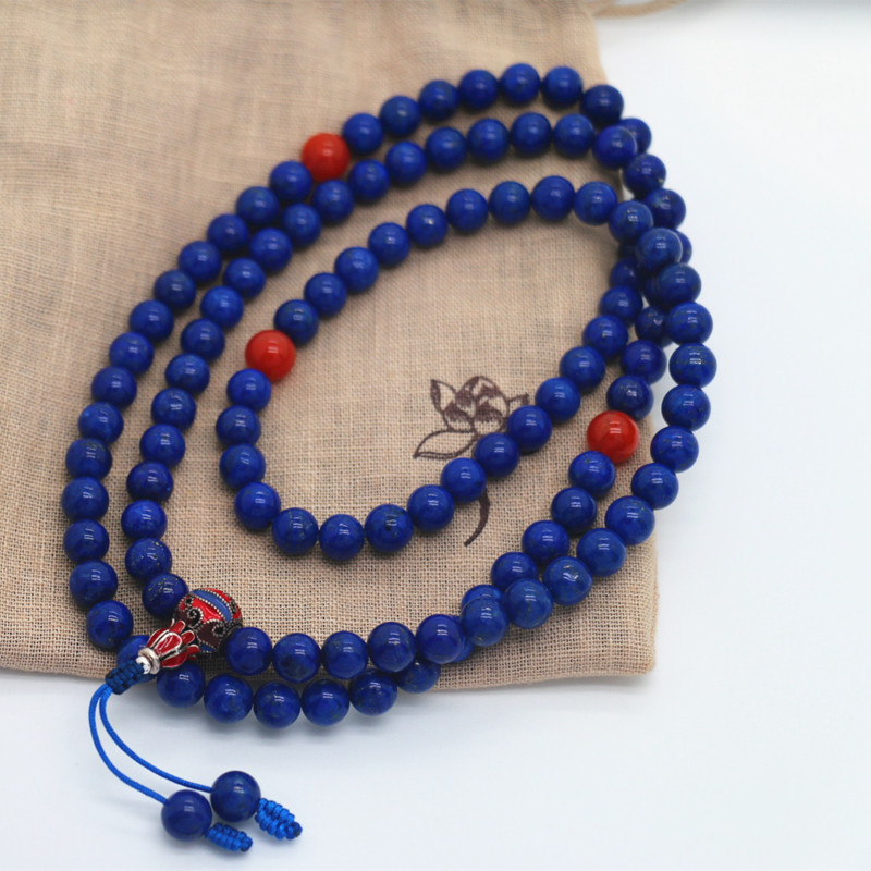 天然原矿108颗直径8mm青金石多圈手链项链念珠无忧化配南红银三通