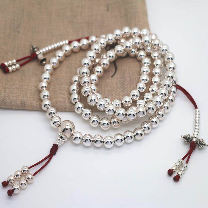 七玲珑S925国际标准纯银108佛珠手串手链带侧挂记数不松动现货