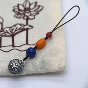 南红蜜蜡青金石手工编织配S925纯银铃铛侧挂记数手链钥匙链有响声