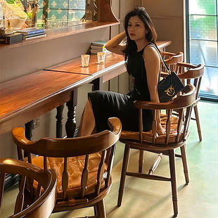 实木餐椅中古风靠背扶手椅橡胶木餐厅酒吧商用软包椅子书房休闲椅