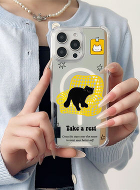 ins黄色沙发黑猫适用于苹果磁吸镜面手机壳三星GalaxyS23Plus保护小米15华为P60Pro新款Pura70Pro全包P60创意