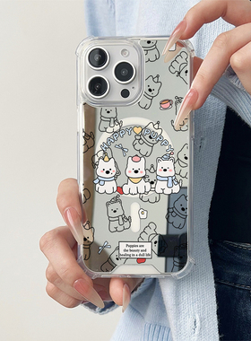 ins西高地狗狗适用于苹果磁吸镜面手机壳三星GalaxyS23Plus保护套小米15华为P60Pro新款Pura70Pro全包P60创意