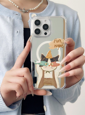 ins可爱遮眼猫猫适用于苹果磁吸镜面手机壳三星GalaxyS23Plus保护小米15华为P60Pro新款Pura70Pro全包P60创意