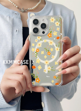 适用于苹果磁吸镜面手机壳iPhone15Pro银色13ProMax个性12ProMax新款三星GalaxyS23Ultra全包15Plus防摔创意