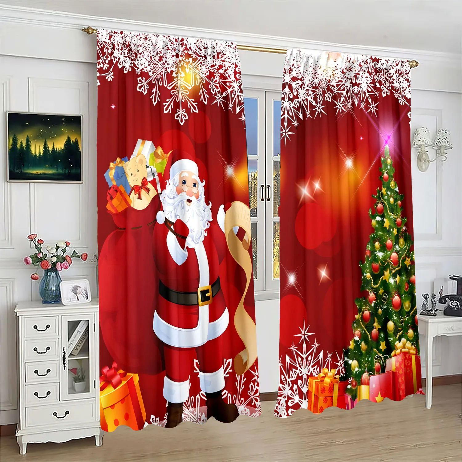 2 pieces of Santa Claus Christmas Tree printed curta, pole b
