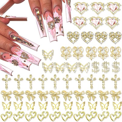 80PCS Gold Nail Charms 12 Shapes Gold Heart Nail Charm 3D Bu