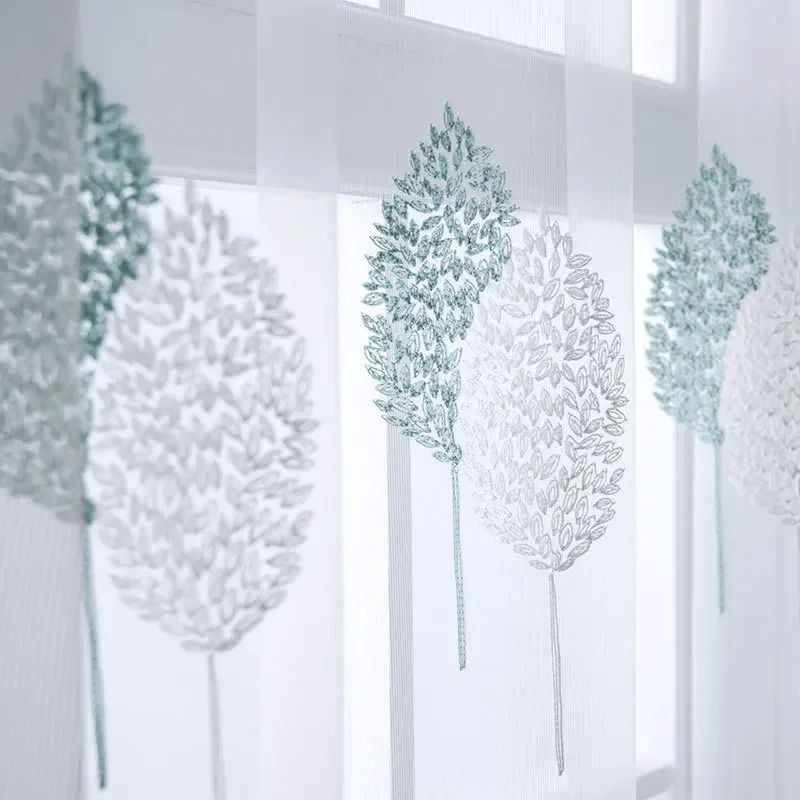 Window Leaf Embroidered Screen Window Screen Blue White Doub