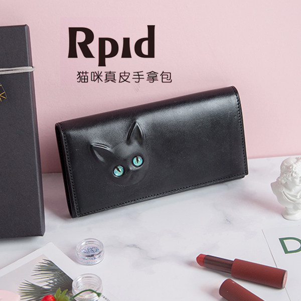 RPID猫咪手包黑猫猫眼钱包植鞣头层真牛皮长款门禁卡包礼物猫头