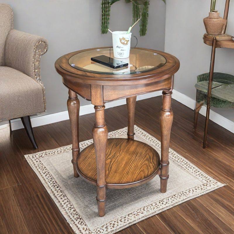 小圆桌美式实木边几客厅沙发边柜角几茶几边桌简美客厅玻璃圆桌