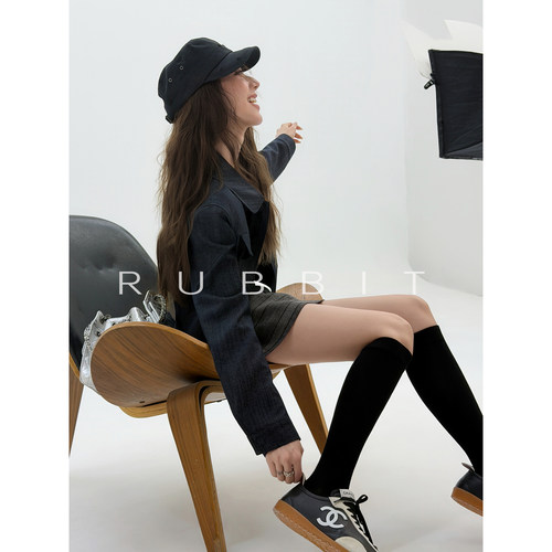 RUBBIT CHIC随性时髦 牛仔丝绵短外套 简约休闲翻领夹克上衣 柔软