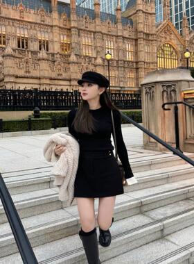 RUBBIT四季款 气质显腿长黑色极简风小金豆高腰显瘦A字短裙裙裤