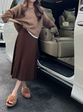 RUBBIT气质优雅百褶半裙 百搭高腰中长款半身裙 松紧腰