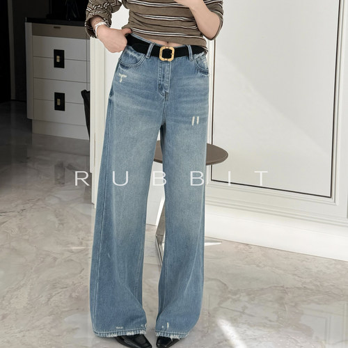 RUBBIT RC进口软垂纯棉牛仔 重工手工破洞水洗高腰磨毛直筒牛仔裤