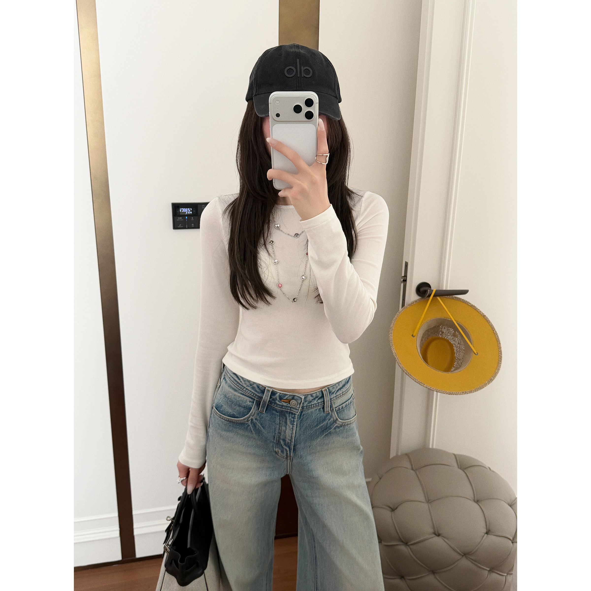 RUBBIT基础百搭打底衫 天丝羊毛正肩小短款长袖T恤圆领内搭上衣女