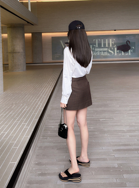 RUBBIT春夏新品 复古格纹高腰短裙裤 百搭小个子a字半裙