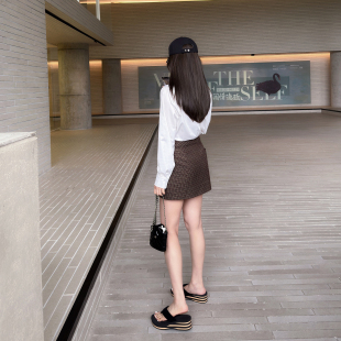 RUBBIT春夏新品 百搭小个子a字半裙 复古格纹高腰短裙裤