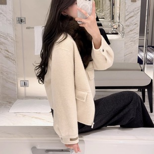 RUBBIT 精品阿拉善骆驼绒 优美肩线气质双面呢短款大衣外套女宽松