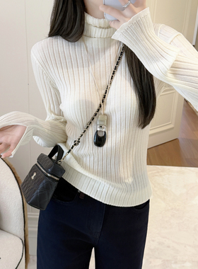 RUBBIT软糯显瘦 美丽诺羊毛坑条高领针织毛衣 温暖堆堆领打底衫