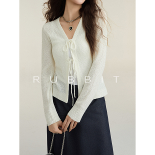 RUBBIT 亲肤透气简约休闲慵懒感上衣 CHIC原创颗粒纱绑带针织开衫