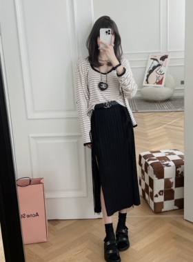 RUBBIT夏季新品 优雅气质立体压褶长裙 高腰显瘦双开叉百褶半身裙