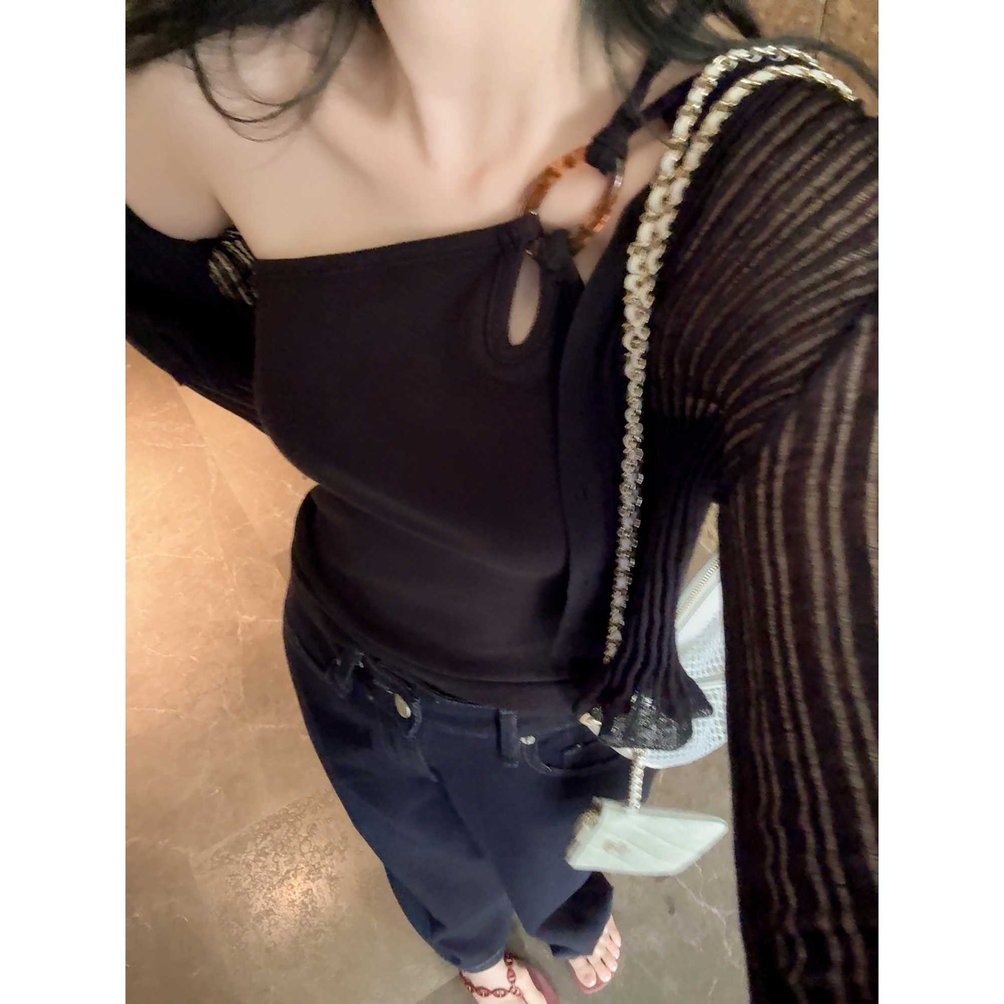 RUBBIT夏款 买手店合作款 小众设计感水滴琥珀扣斜肩背心修身显瘦