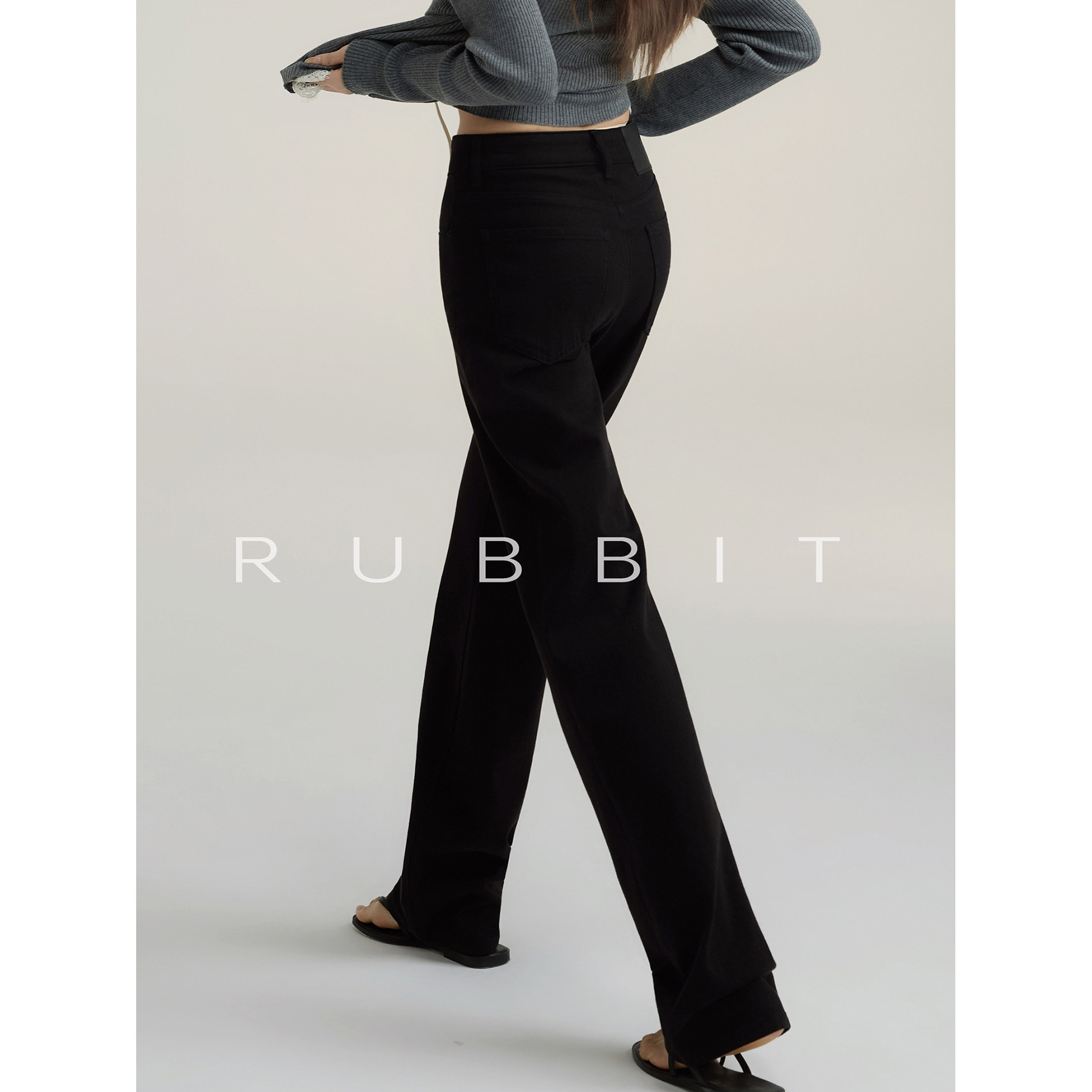RUBBIT CHIC质感满满窄版直筒牛仔裤 弹力棉高腰显瘦垂感长裤女