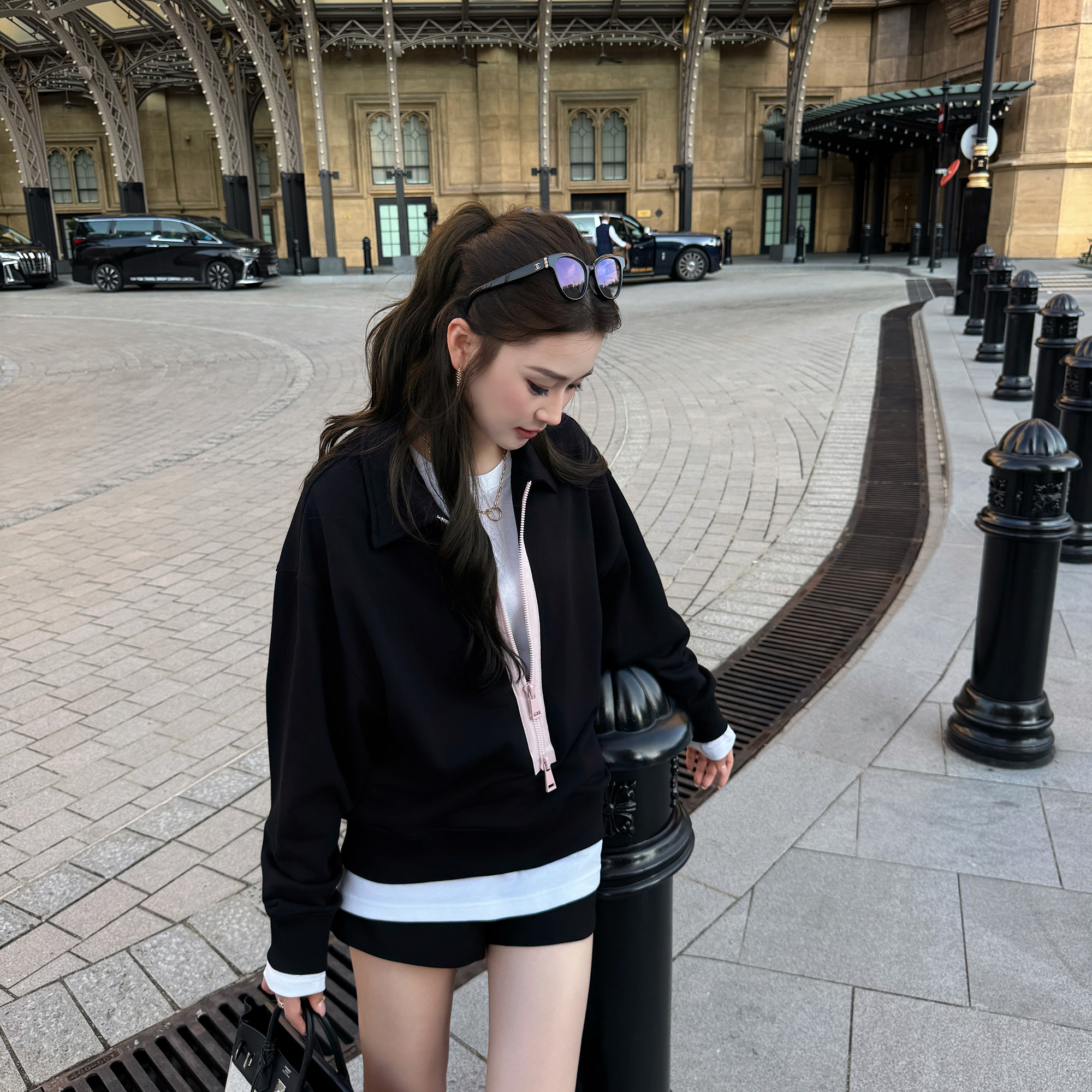 RUBBIT甜酷感拉满 宽松廓形百搭气质卫衣 樱花粉半拉链翻领外套女