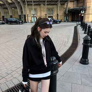 RUBBIT甜酷感拉满 樱花粉半拉链翻领外套女 宽松廓形百搭气质卫衣