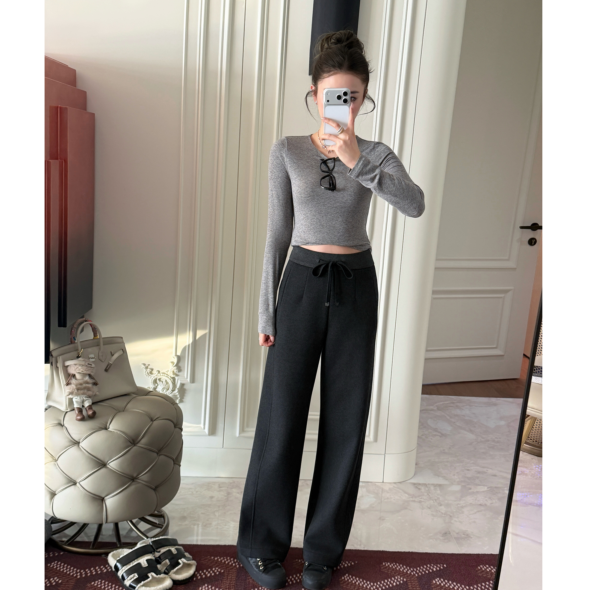 RUBBIT两色‘恒温裤’好品质真丝羊毛显瘦温暖高腰直筒加绒休闲裤