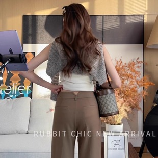 卡其色高腰直筒休闲长裤