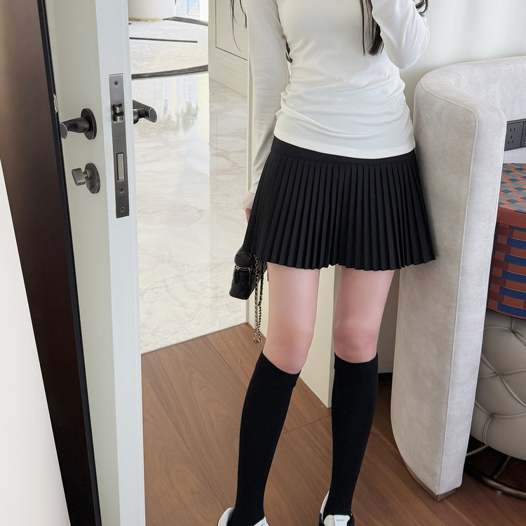 RUBBIT时髦miu系~大腿长连腰细工字折西装百褶裙 A字高腰半身短裙