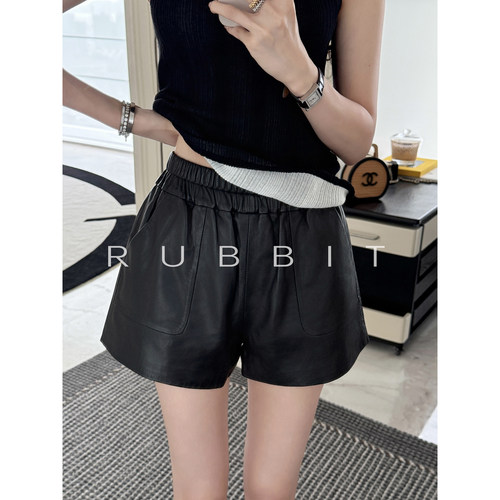 RUBBIT CHIC贵气老钱风 进口真皮短裤 软糯哑光松紧腰阔腿裤 百搭