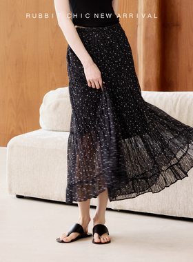 RUBBIT唯美星星长裙 松紧腰精致纹理提花显瘦中长款半身裙
