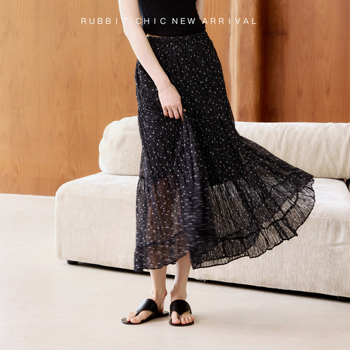 RUBBIT唯美星星长裙 松紧腰精致纹理提花显瘦长裙