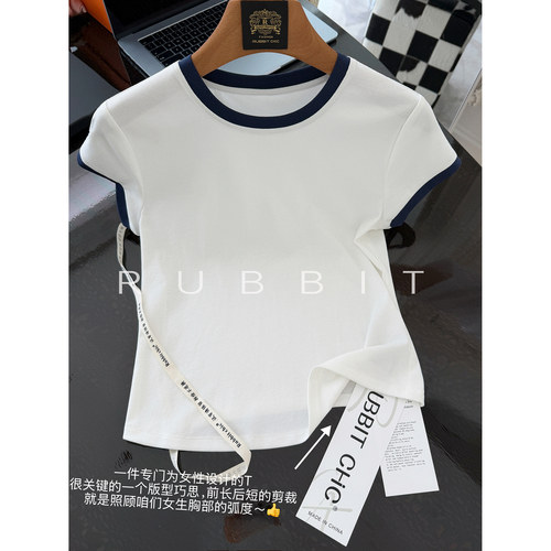 RUBBIT CHIC“女生T”蓝边撞色白T恤 时尚百搭圆领短袖上衣女