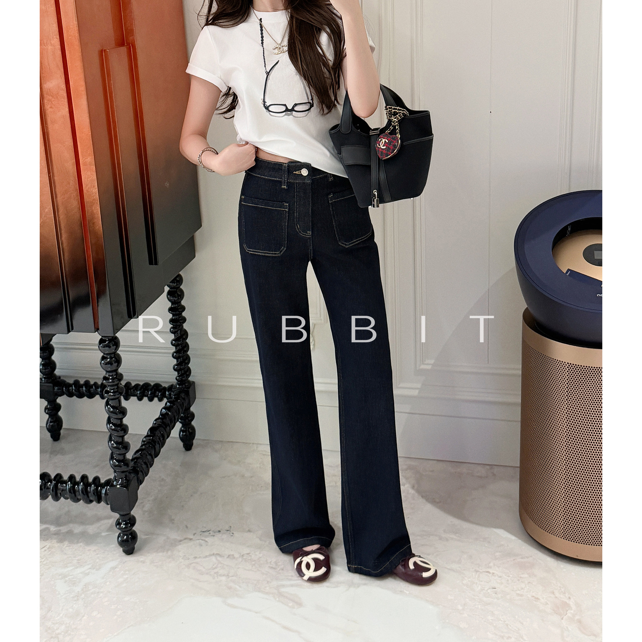 RUBBIT CHIC&ldquo;天生直腿&rdquo;复古窄直筒牛仔裤 明线口袋显瘦百搭长裤