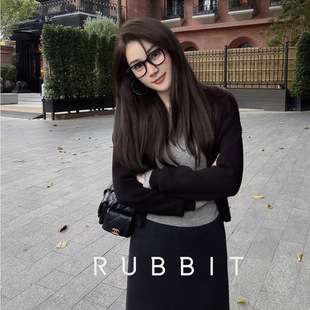 RUBBIT高织精纺收腰设计 蚂蚁腰拉链纯棉翻领短款针织开衫外套女