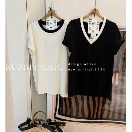 RUBBIT夏季新品 一眼高阶 极简风拼色丝绵埃及T恤 宽松显瘦短袖女