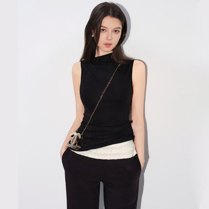 RUBBIT夏季新品 法式优雅 不规则设计斜领收腰无袖背心 轻薄亲肤